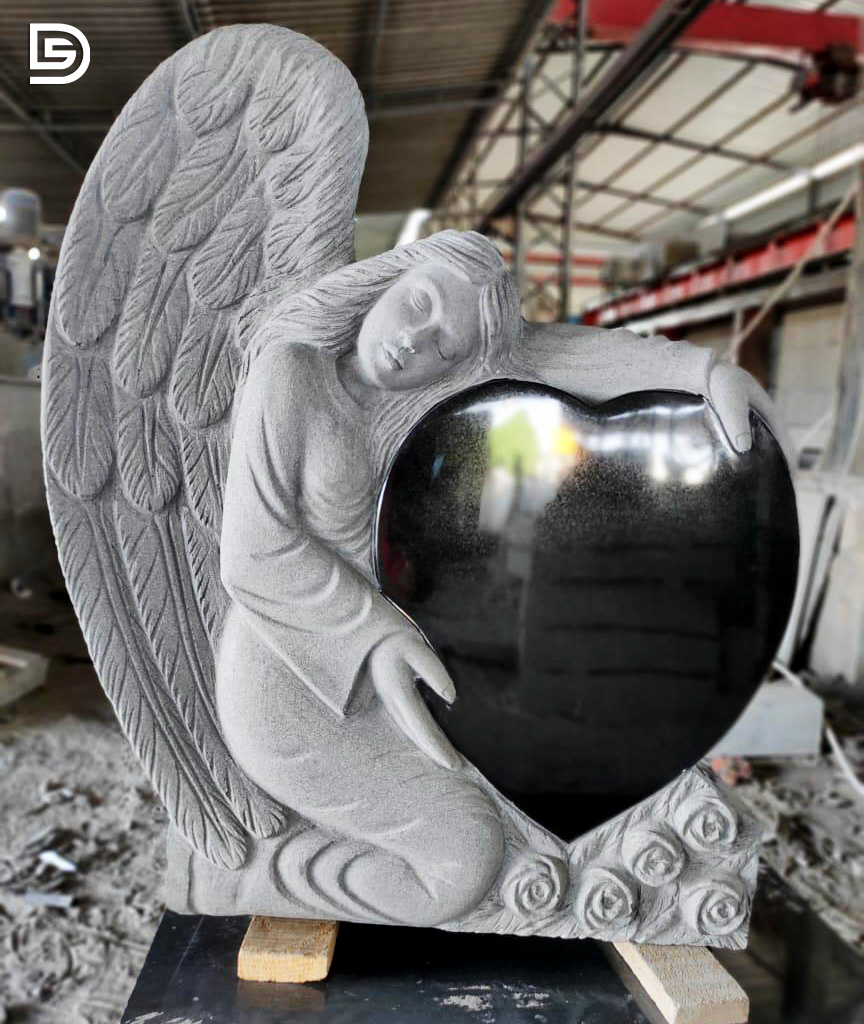 Angel with Heart Shaped Granite Monument 